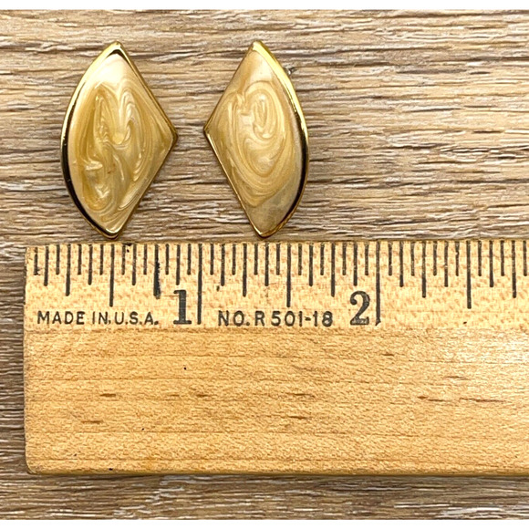 Gold Tone Stud Earrings w/ Creamy Swirl Enamel Secure Lock Back Closure - Picture 4 of 4